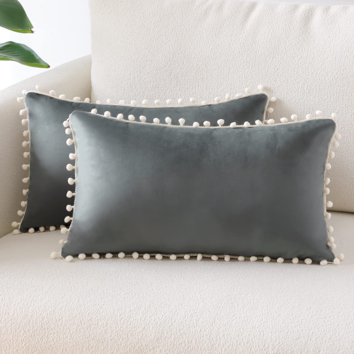 Sungeek Pack of 2 Decorative Cushion Covers Soft Velvet Pompoms Pillow Covers with Invisible Zipper Home Decor Throw Pillow Cases for Sofa Bedroom Living Room 30x50cm Dark Grey