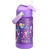 rockpapa 14 oz Kids Insulated Water Bottle，Stainless Steel Toddler Cups with Straws, BPA Free, Leak-Proof, Kids Water Bottle for School Boys& Girls (Purple Mermaid)