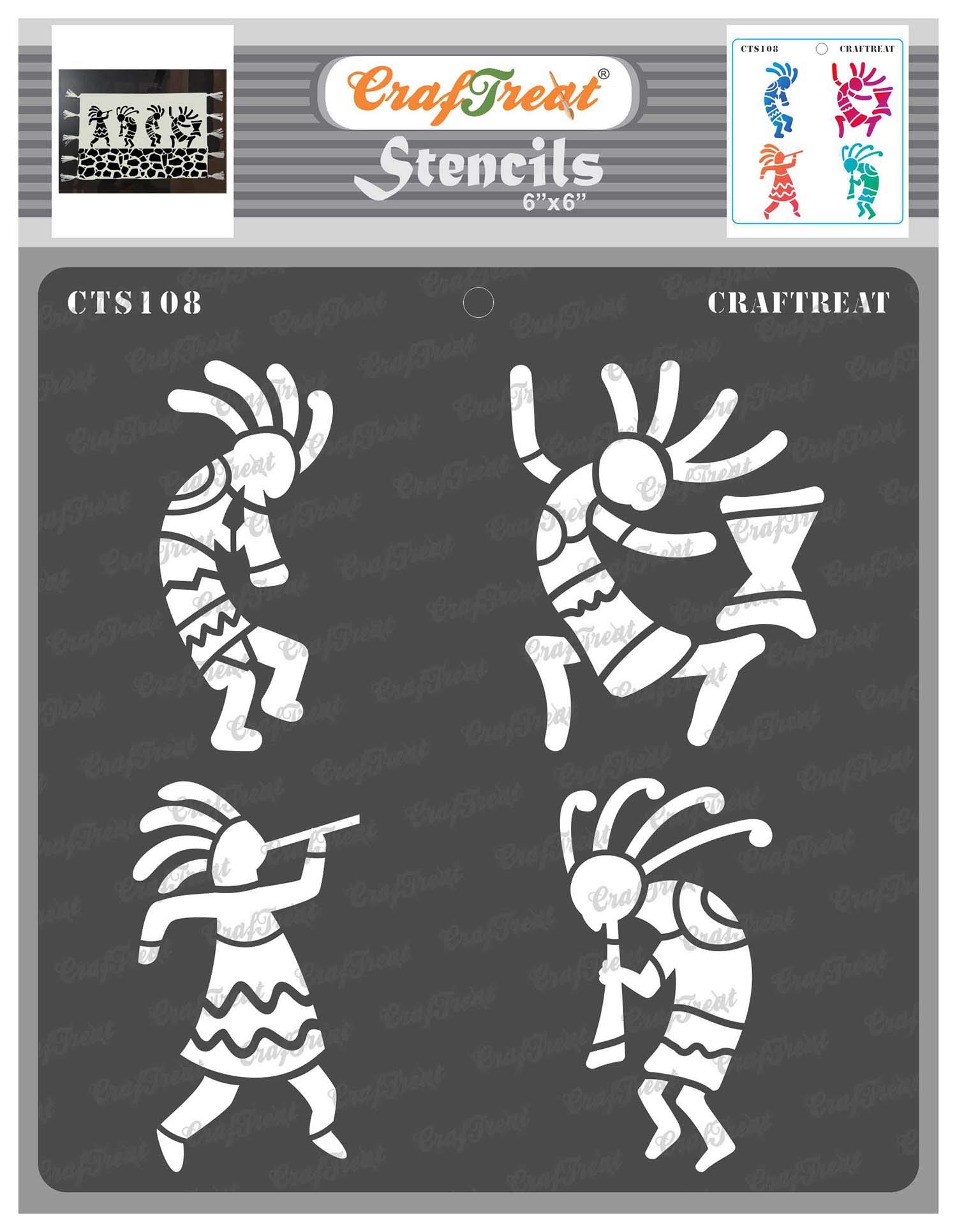 CrafTreat Reusable African Tribal Stencils for Painting on Wood, Canvas, Paper, Fabric, Floor, Wall and Tile - Kokopelli - 6x6 Inch - DIY Art and Craft Stencils - Kokopelli Stencil
