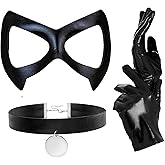 Merroyal Women Black Cat Eye Masquerade Costume Set with Half Mask, Choker, Gloves, Halloween Cosplay Party Accessories
