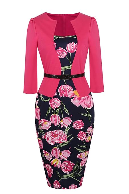 Misshow Damen Etuikleid Mit Gürtel Floral Printkleid 3/4 Ärmel Pencil Figurbetont Hochzeitskleid