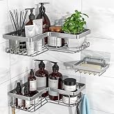 YASONIC Corner Adhesive Shower Caddy, with Soap Holder and 12 Hooks, Rustproof Stainless Steel Bathroom Organizer, No Drilling Wall Mounted Rack, Brushed Silver, 3-Pack
