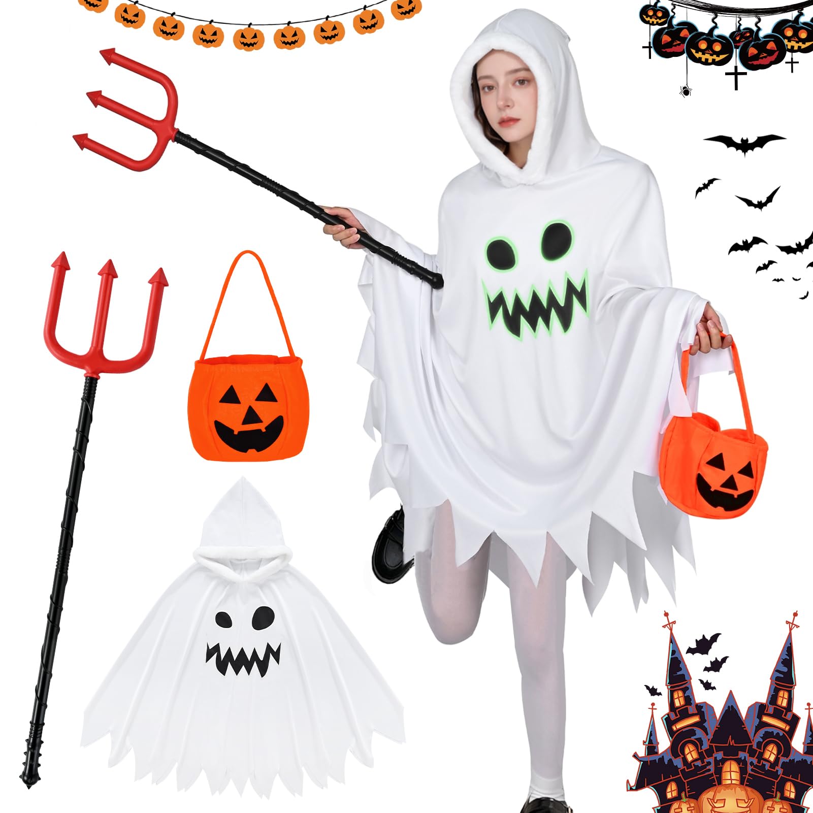 HarnyLoom Ghost Costume Kids Halloween Costumes for Girls Boys, Glow in the Dark Ghost Face Outfit Halloween Children Cloak Hooded Fancy Dress Pumpkin Bags Trick-or-Treating Party (Adult, Adult)