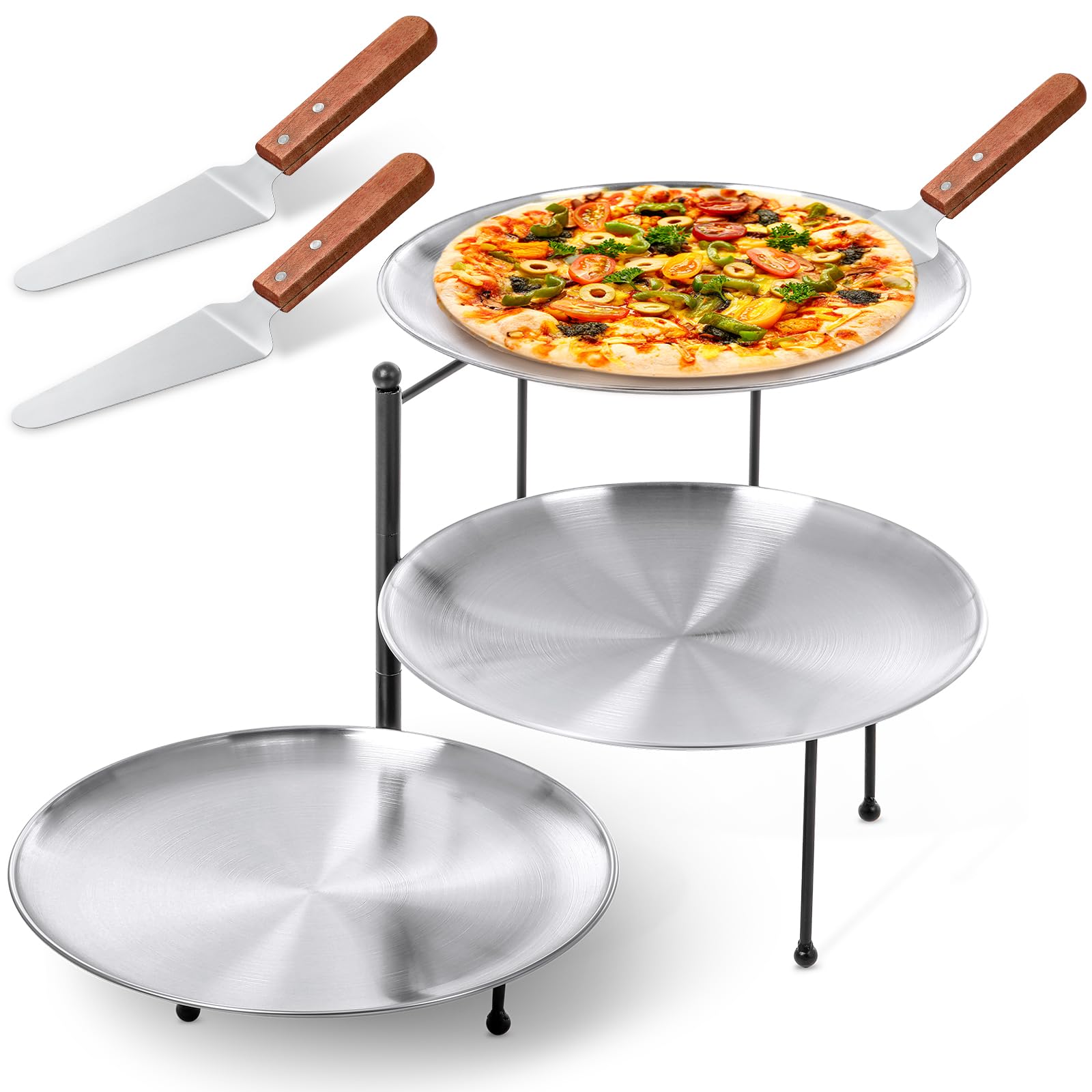 Photo 1 of Teenyyou 7 Pcs Pizza Pan Riser Stands Sets Includes 1 Pcs Tiered Tray Stand 3 Stainless Steel Pizza Pan and 3 Wood Handle Knife for Home, Restaurant Party