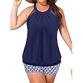 Women Plus Size Tankini Swimsuits with Shorts Tummy Control Two Piece Blouson Bathing Suits High Neck Swimwear