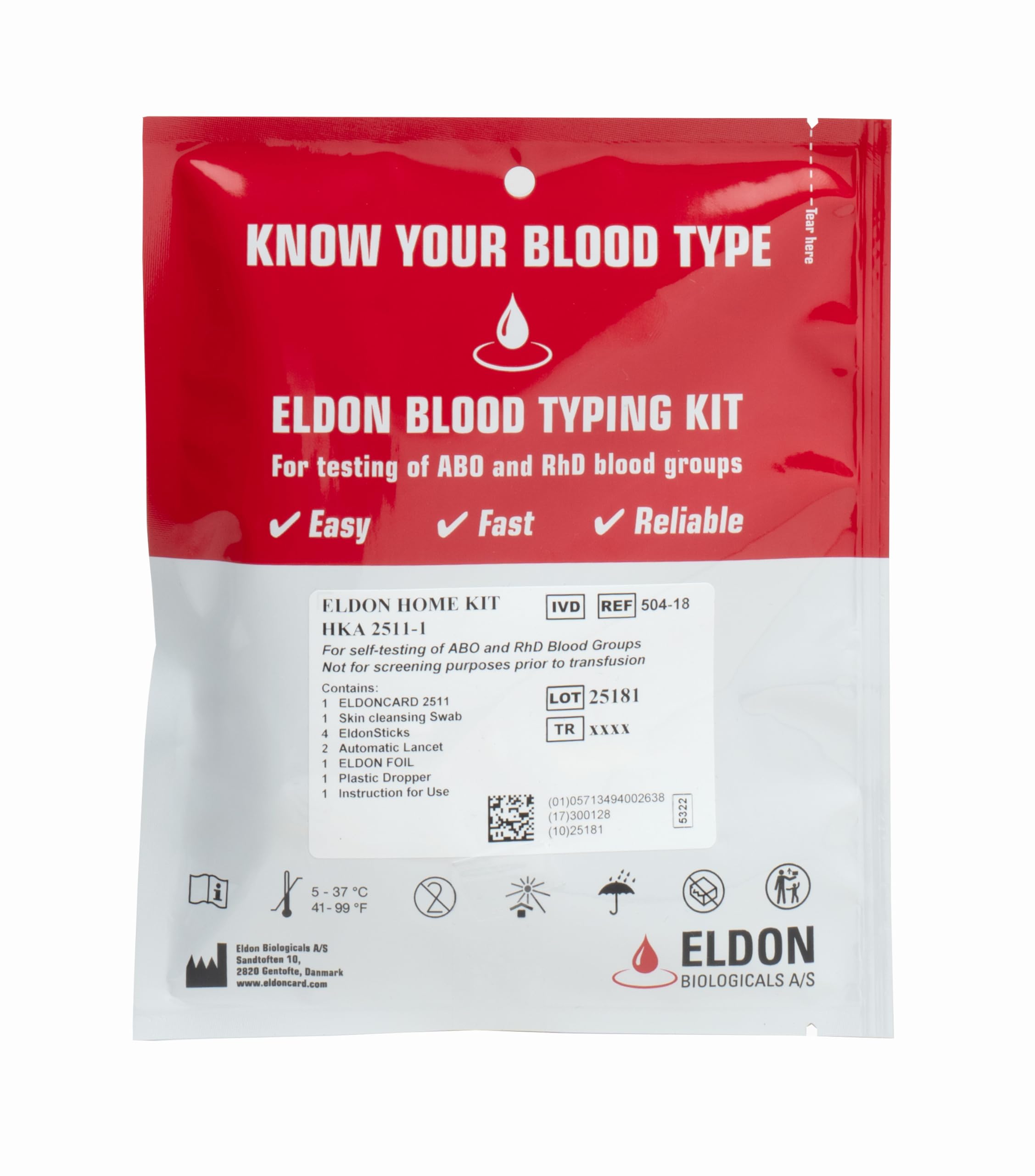 Eldoncard Blood Typing Kit, 1 Test Pack, Know Your Blood Type, Accurate Instant Home Testing, Determine A, O, B, RHS-D Negative & Positive Groups