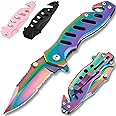 Legal Rainbow Pocket Knife with Glass Breaker Seatbelt Cutter - 2.68 Inch Sharp Serrated Blade - Cute Small Folding Womens Knives for Self Defense EDC Camping - Birthday Gifts for Women - 6655 R