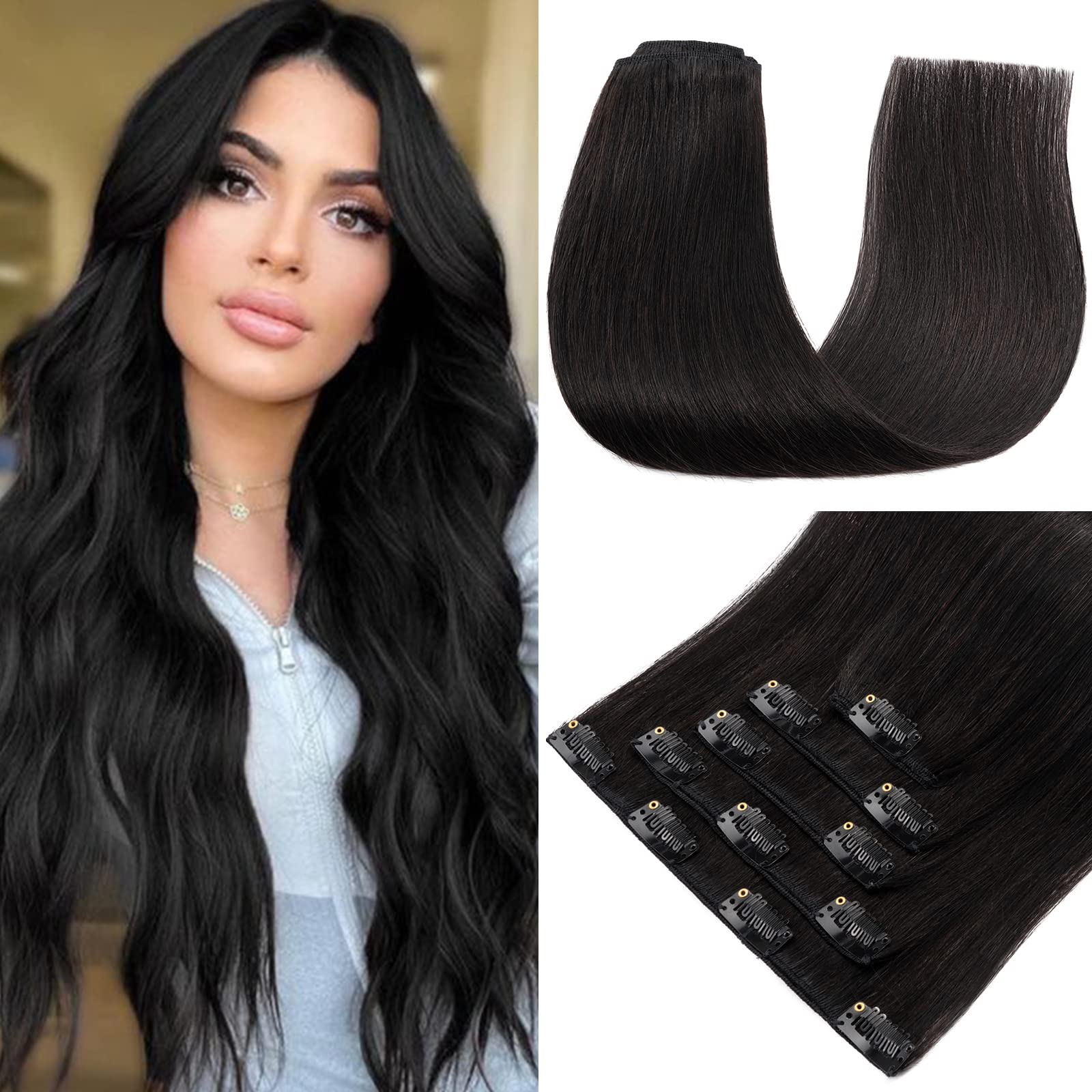 S-noilite Clip in Hair Extensions Real Human Hair,5Pcs Remy Natural Hair Extension Double Weft Seamless Clip in Hair Extensions Full Head for Women- #1B Natural Black-20 Inch(70g) โ image 1