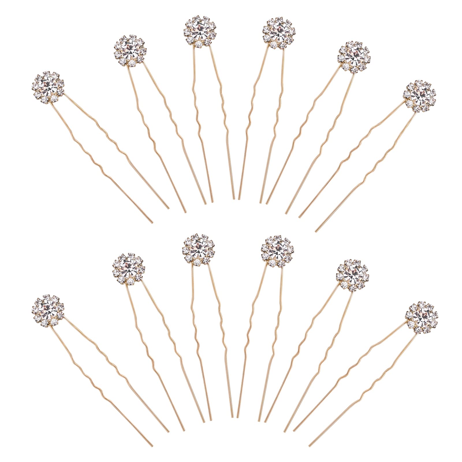 KINBOM 12pcs Rhinestone Wedding Hair Pins, U Shaped Hair Pins Crystal Flower Hair Bobby Pins Wedding Hair Accessories for Brides Bridesmaids (Gold)