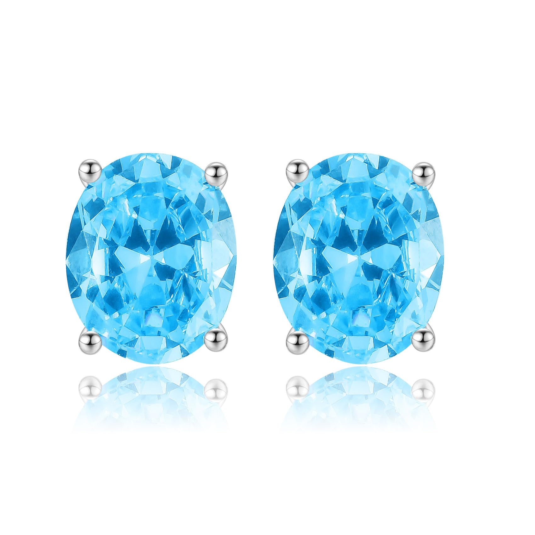 wynn's Silver Stud Earrings for Women, White Gold Studs Earrings, Silver Oval Cubic Zirconia Stud Earrings, Hypoallergenic Earrings for Girls Jewellery Gift Christmas, Blue