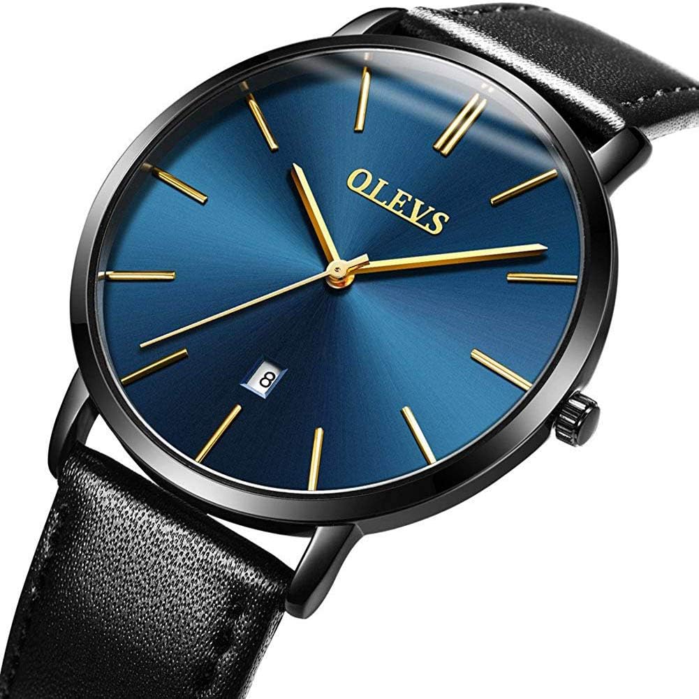 OLEVS Mens Wrist Watches Ultra Thin 6.5mm Minimalist Leather Blue Dial Watch Business Dress Waterproof Date Slim Watches for Men - Image 4