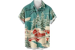 CTREELA Xmas Graphic Shirts for Men Novelty 3D Christmas Tree Santa Hawaiian Shirts Button Down Short Sleeve Bowling Shirts