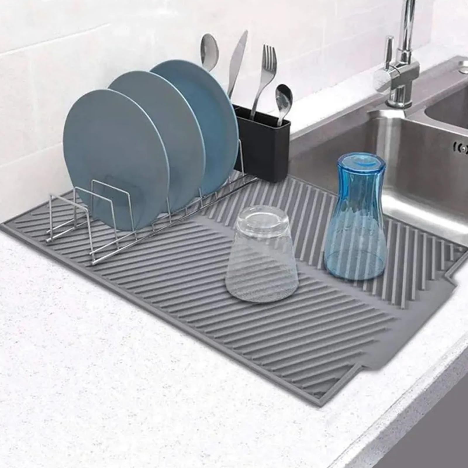 MOUMOUTEN Folding Draining Board Mat, Extra Large Dish Drying Mat Premium Heat Resistant Silicone Pad, Sink Drainer Mats for Kitchen Dishes Universal Drain Board(Gray)