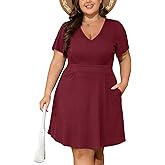 Women’s Plus Size V Neck Dress Short Sleeve Shirred Waist Casual Swing Summer Knee Length Dress with Pockets