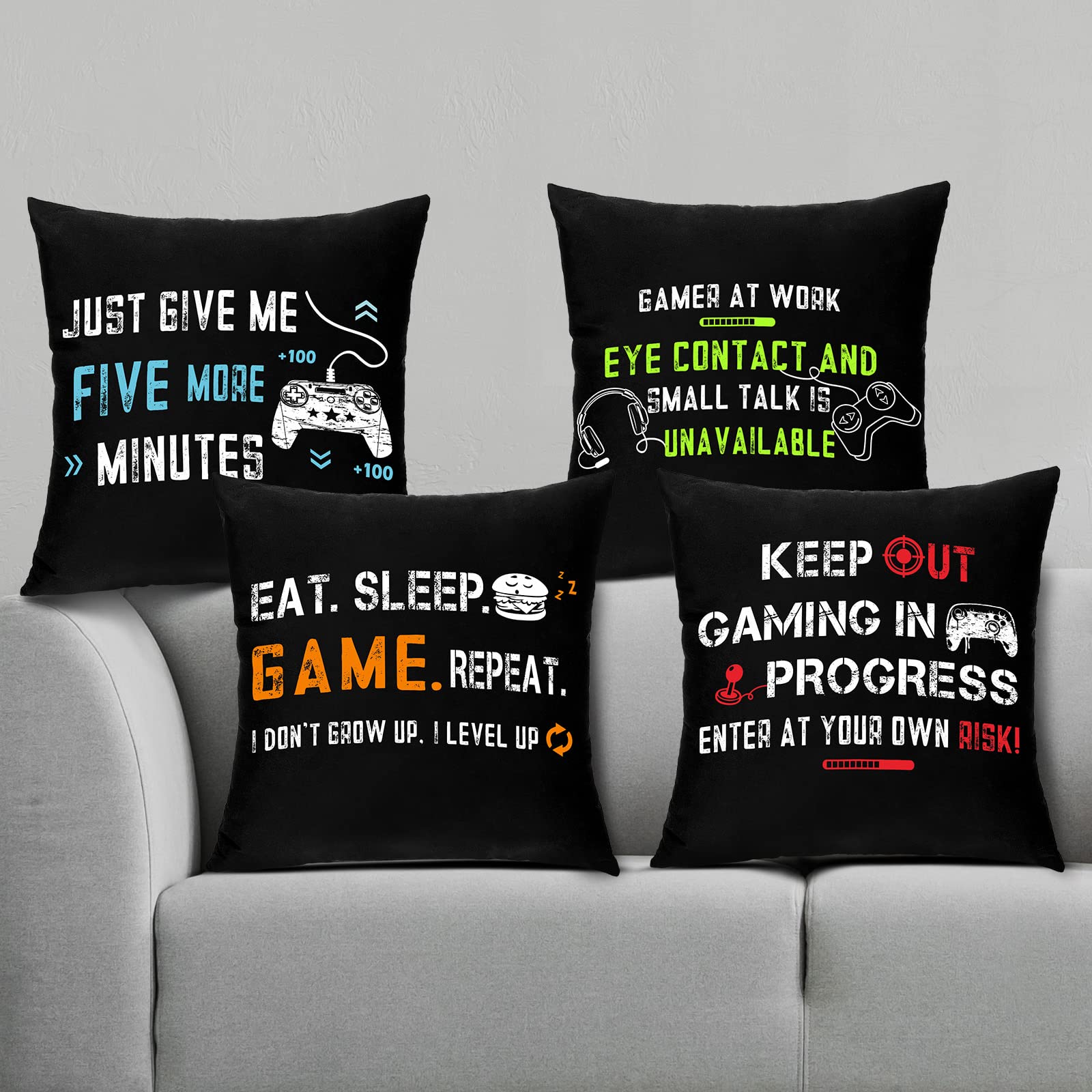 4 Pieces Gaming Cushion Cover Video Game Themed Pillowcase Gamer Throw Pillow Covers for Christmas Gaming Fan Funny Pillow Case for Home Office Car Sofa Bedroom Present, 45 x 45 cm