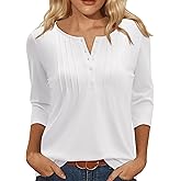 Uhiger Henley Shirts for Women Button Down 3/4 Sleeve Tops Pleated V Neck Blouses Dressy Casual Basic Tunic Trendy Outfits