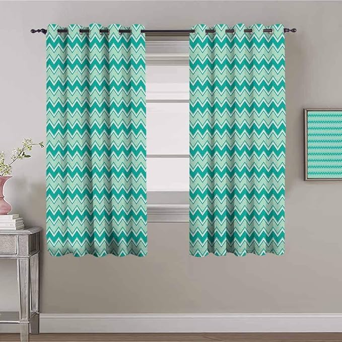 Teal Extra Long Curtain Thin and Bold Horizontal Zigzag