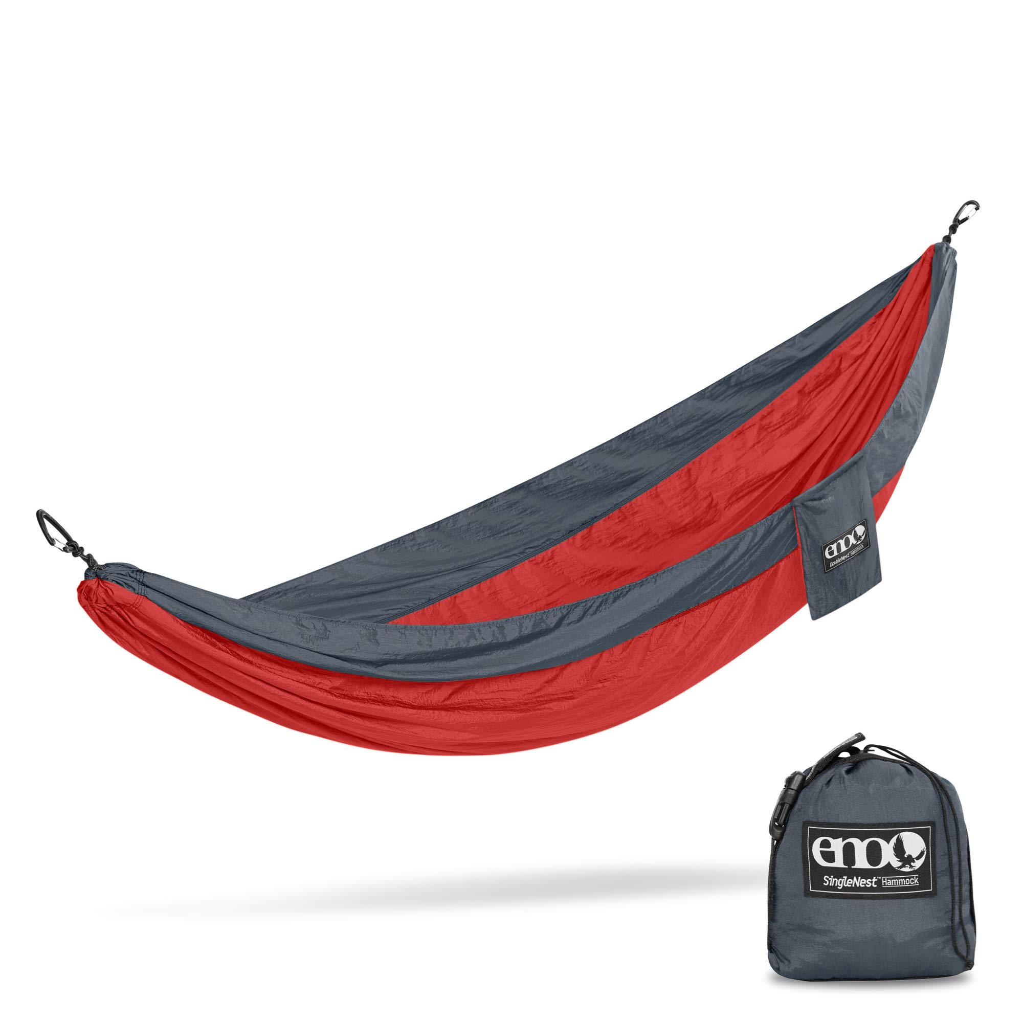 ENO Singlenest Hammock Red Charcoal Soft Breathable Fabric 70 Denier High Tenacity Nylon Taffeta Heavy Duty Triple Stitched Fast Dry Compression Stuffsack Aluminium Wiregate Carabiners Weight 454 g