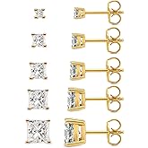 Kainier 5 Pairs CZ Stud Earrings Set Cubic Zirconia Ear Stud for Women Simulated Princess Cut Square Diamond Hypoallergenic Earring 3-7mm