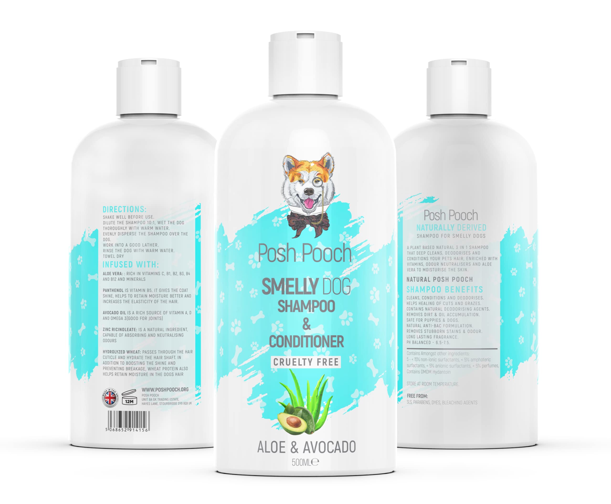Dog Shampoo & Conditioner For Smelly Odours Naturally Derived Avocado & Aloe Infused Fragrance Deep Cleaning Deodorising 3 in 1 Natural Shampoo Reliving, Freshening & Soothing Dog & Puppy Shampoo