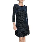 Tommy Hilfiger Womens 3/4 Sleeve Crew Neck Double Ruffle Hem Velvet Burnout Shift Mini Dress