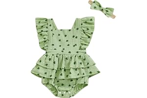 COORALLY St Patricks Day Baby Girl Outfit Long Sleeve Bubble Romper Shamrock Print Cotton Linen Bodysuit