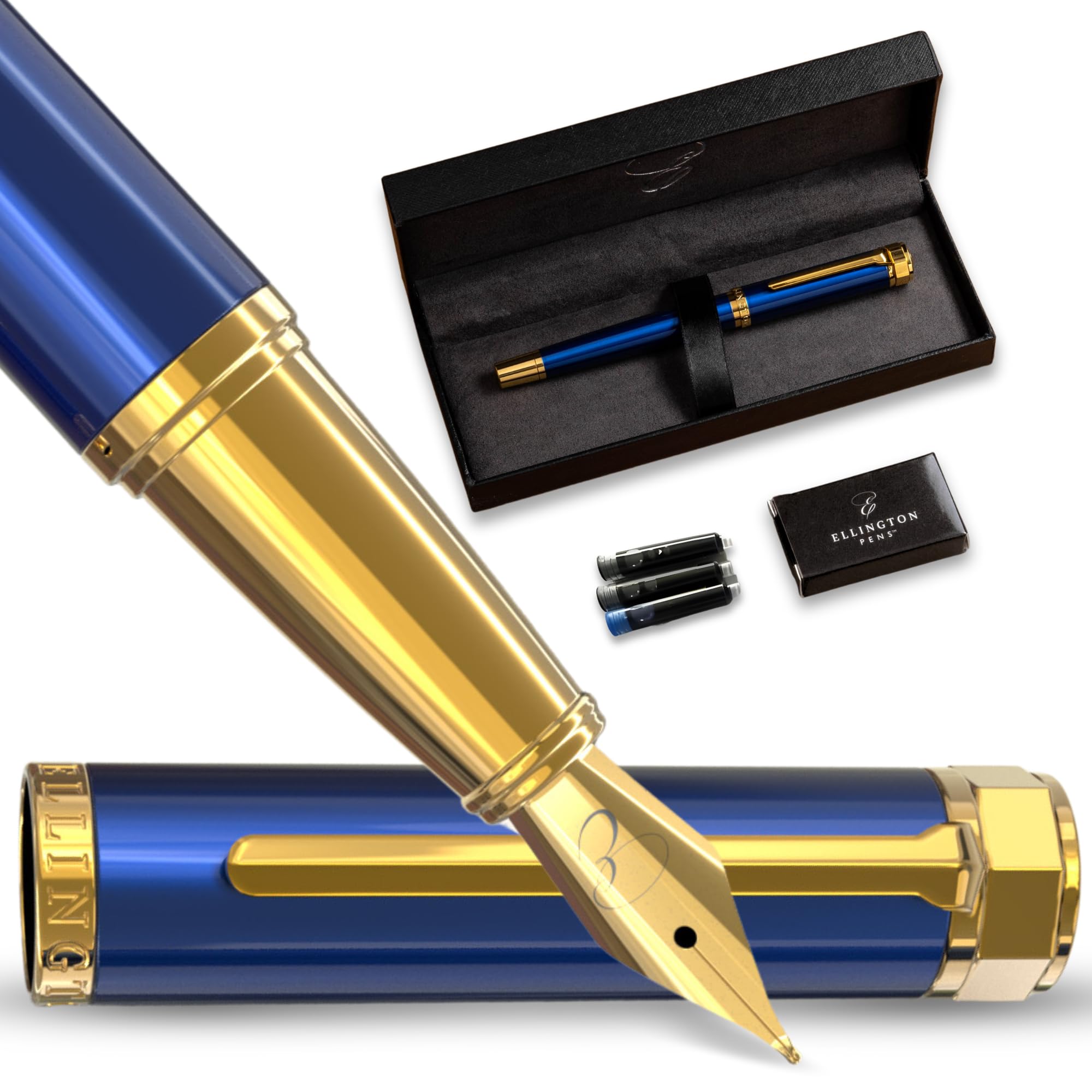 Ellington Pens Luxury Fountain Pen Set- Fountain Pens for Writing - Smooth Nib - Includes Refillable Ink Converter, 3 Ink Cartridges [2 Black & 1 Blue], Gift Box - Elegant Calligraphy