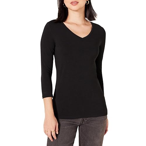 Amazon Essentials Women's Regular-Fit 3/4 Sleeve V-Neck T-Shirt (Available in Plus Size), Black, Small
