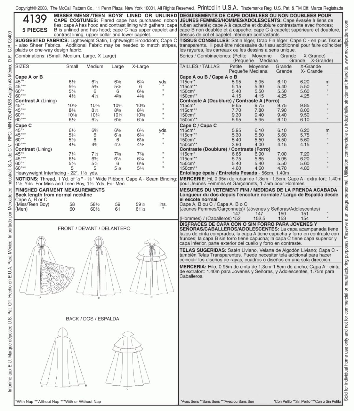 McCall's M4139 Misses'/Men's/Teen Boys' Lined & Unlined Cape Costumes Pattern OSZ (One Size)