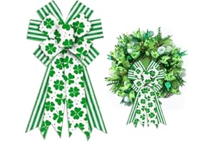 ABTOLS Large St. Patrick's Day Wreath Bows, Green Clover Shamrock Bows for Wreath Green Stripe Irish Love Decorative Bow for Front Door Farmhouse Wreath Bows for Outdoor Fence Party Decor
