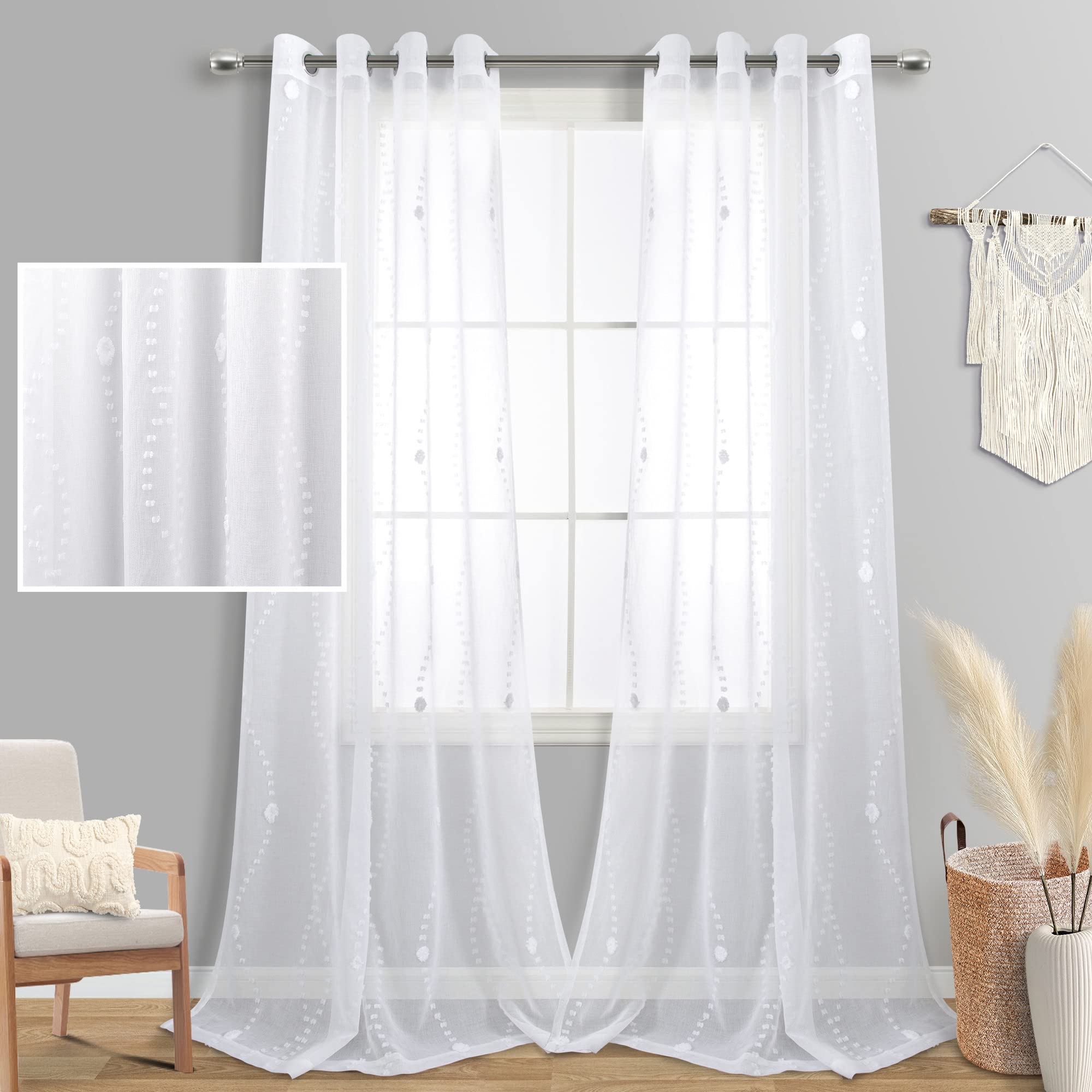 Photo 1 of  KOUFALL White Sheer Curtains 108 Inches Long for Living Room 2 Panels Pom Pom Textured Semi Light Filtering Boho Drapes for Bedroom 52x108 Inch Length