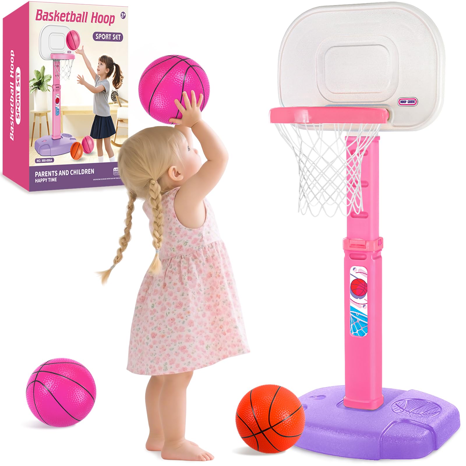 lebulu Toddler Pink Basketball Hoop Indoor Outdoor for Kids 1-3, Height Adjustable Kids Basketball Hoop with 3 Balls, Portable Mini Grils Basketball Goal Sport Toys for Baby Girls Boys Age 3 4 5 -Pink