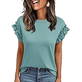AUTOMET Womens Summer Short Sleeve Tops Trendy Business Casual Tshirts 2026 Cute Dressy Ruffle Crewneck Fashion Work Outfits