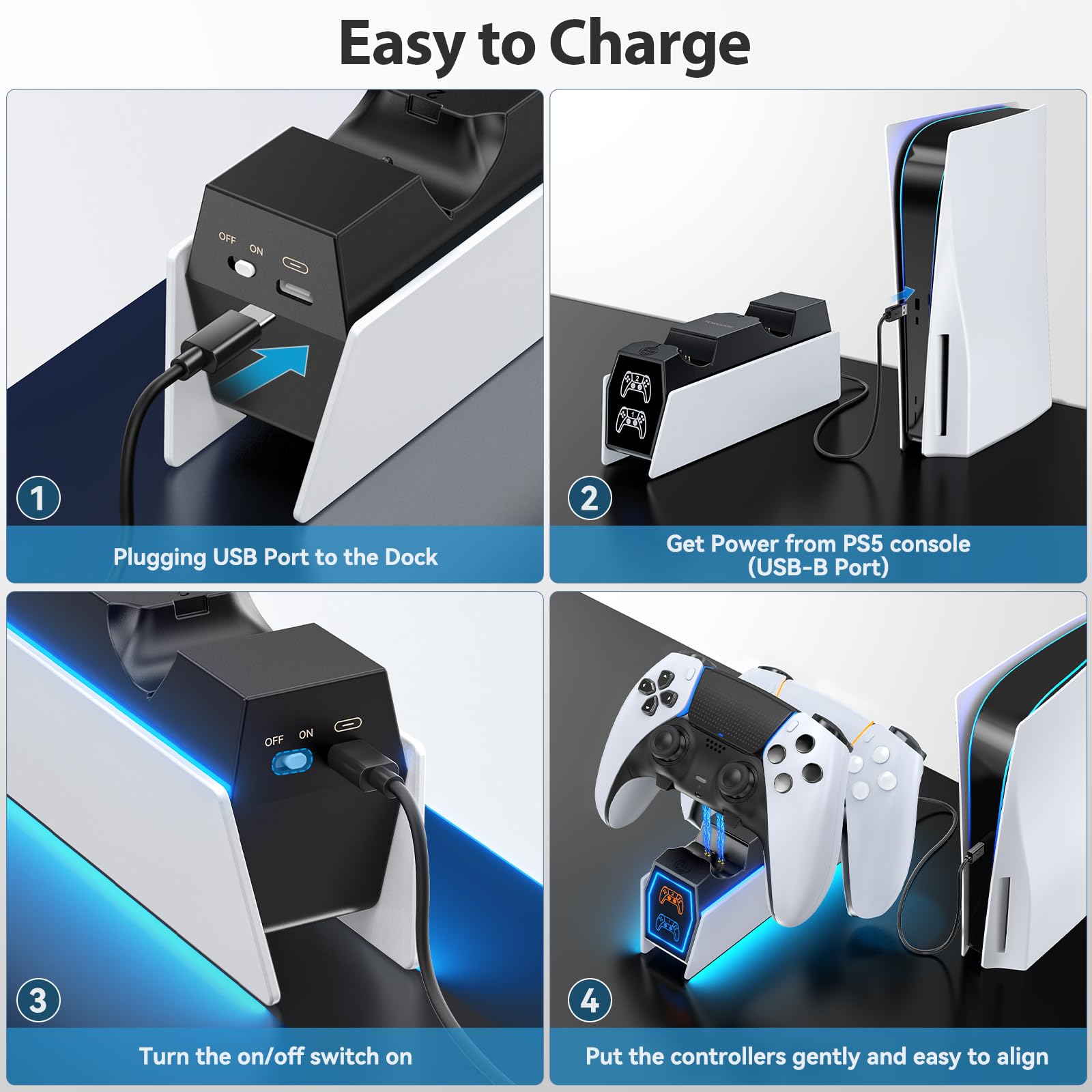 Tokluck PS5 Controller Ladestation, RGB PS5 Zubehör Ladestationen für PS5 Controller & Edge Controller, PS5 Charging Station Schnellladung für PlayStation 5 Dualsense 7