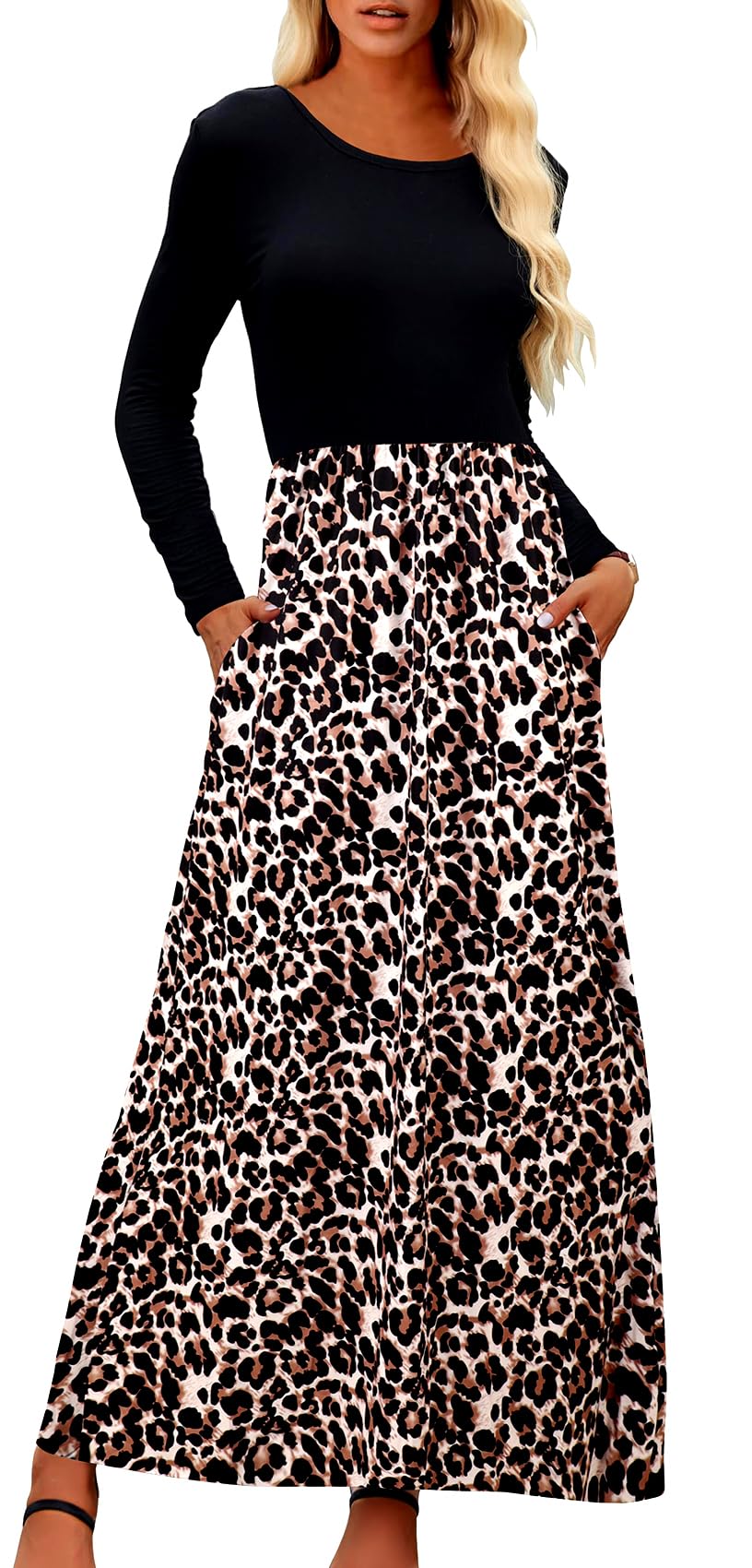 Supnier Women's Autumn Long Sleeve Maxi Dresses Floral Print Leopard ...