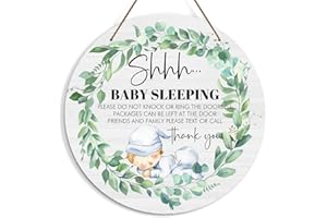 KFNER Baby Sleeping Sign for Front Door, Do Not Knock or Ring Doorbell Door Decorations, Wooden Hanging Sign for Farmhouse Porch Nursery, Greenery Wood Door Hanger for Outdoor, Kids Room Wall Decor -40