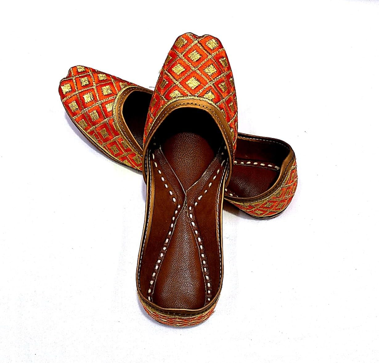 noor enterprises women's orange leather punjabi jutti