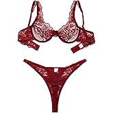 Foxiny Sexy Scallop Floral Lace Mesh Sheer Underwire Lingerie Set 2 Piece