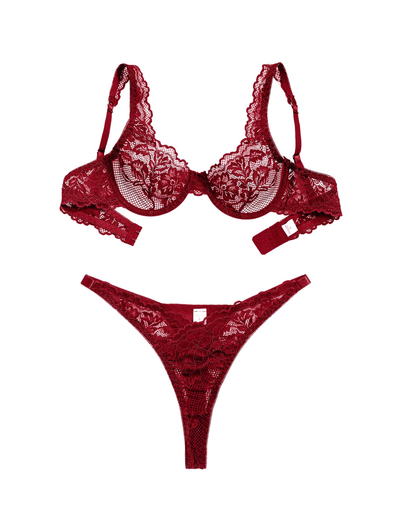 Photo 1 of Foxiny Sexy Scallop Floral Lace Mesh Sheer Underwire Lingerie Set 2 Piece Women Push Up Matching Bra Panty Underwear Burgundy Red Medium