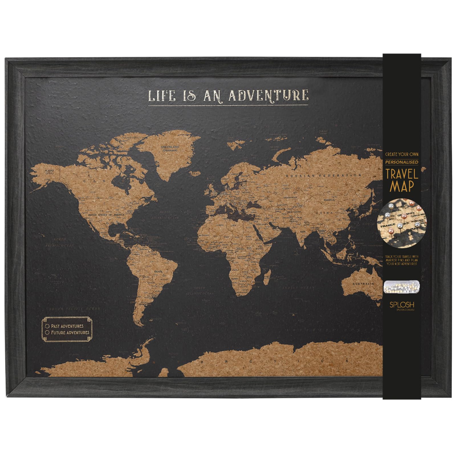 Splosh Large Maps. World Map Pin Board in Black, Wooden Frame. World Map Cork Board with 100 Pins in 2 Colours to Mark Your Past and Future Adventures. Framed World Maps for Wall. (Black) โ image 1