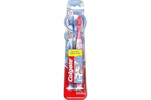 Colgate Kids Full Size Toothbrush (2 Pack) with Extra Soft Bristles, Cheek and Tongue Scraper, Unicorn Design, Suction Cup Ba