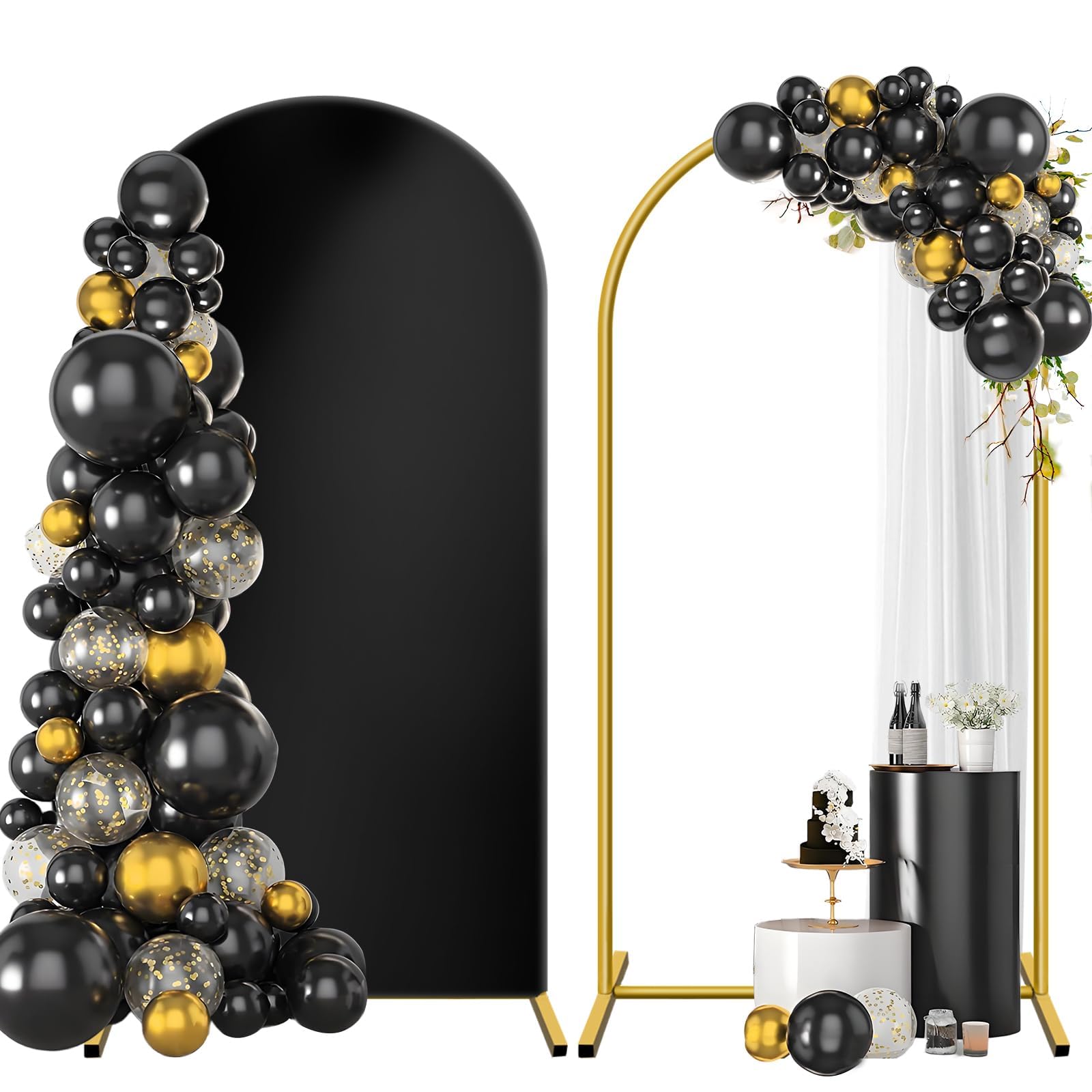 Photo 1 of Metal Arch Backdrop Stand and Cover Set 7.2 ft, Wedding Arch Stand with White Cover for Party, Birthday, Wedding, Bridal Shower, Baby Shower (Black, 7.2 ft)