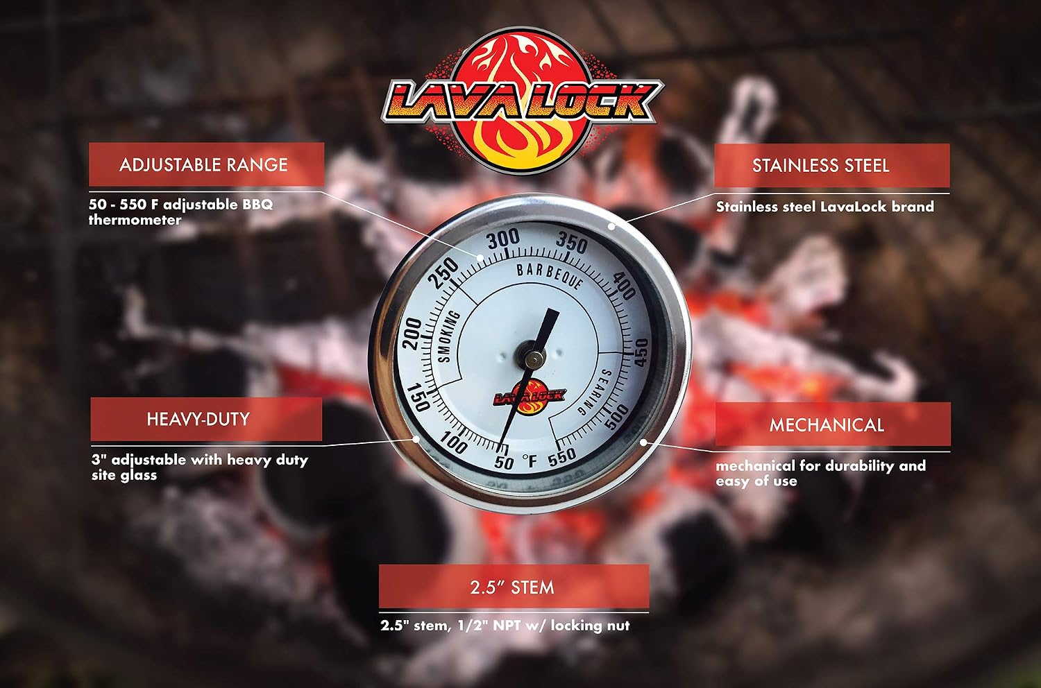 LavaLock 3" Adjustable Gas Charcoal Smoker Pit Grill BBQ Thermometer Electric Heavy Duty Stainless 2.5" stem - Image 3