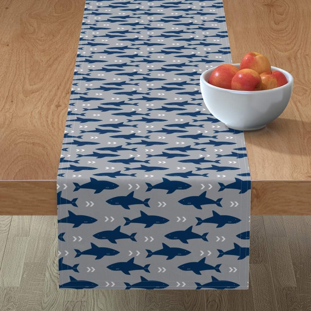 Roostery Tablerunner, Shark Ocean Aquarium Beach Navy Blue and Grey Boy Fish Print, Cotton Sateen Table Runner, 16in x 90in