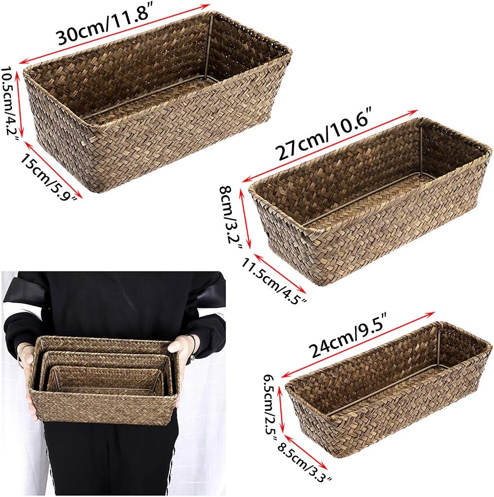 Sumnacon Set of 3 Natural Seagrass Natural Nesting Storage Baskets Handwoven Wicker Storage Bin Home Dried Flower Organizer Bins Countertop Baskets for Pantry Bread and Fruit Serving (Coffee) - Image 3
