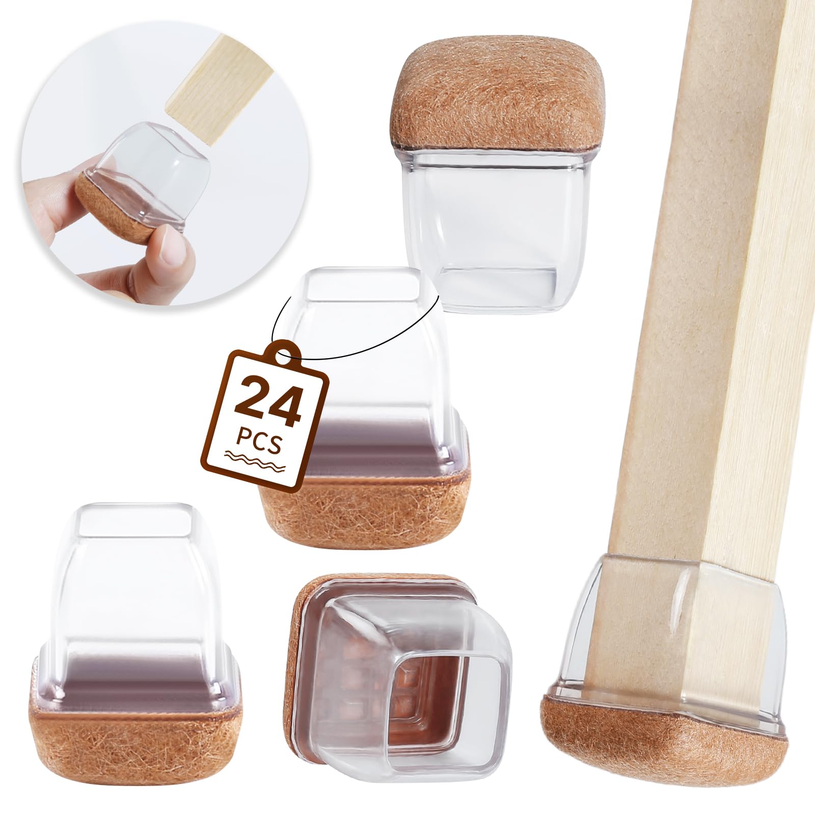 RCHYFEED 24PCS Silicone Chair Leg Floor Protectors 0.55-1.25 inch, Transparent Furniture Leg Caps Cups with Felt Pads for Protecting Hardwood Floors from Scratches, Furniture Sliders Table Leg Cover