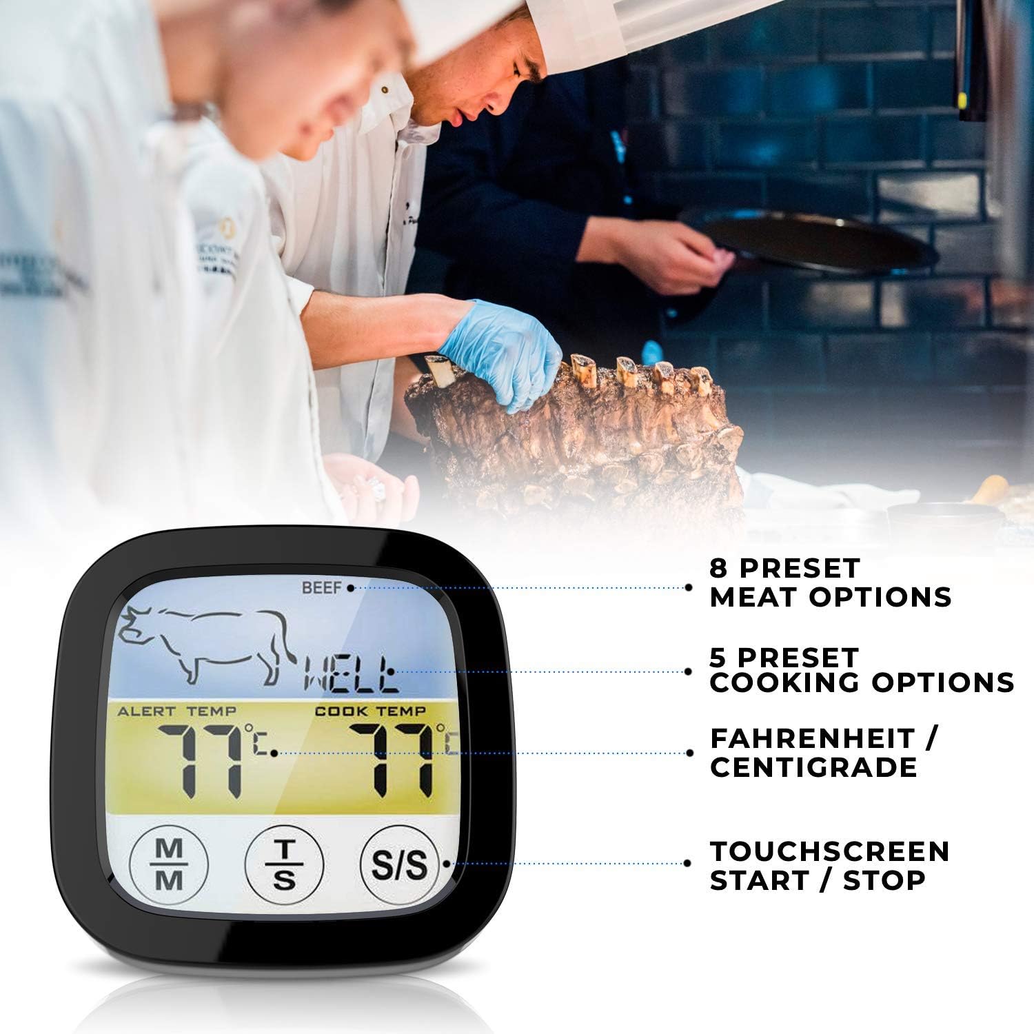 Digital Touchscreen Food Thermometer for Meat Poultry Fish Cooking in Frying Pan Smoker Oven BBQ Grill with Sensitive Color LCD Display | All Temperature and Timer Modes | Best Taste Results (Silver): Kitchen & Dining