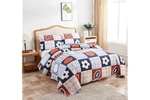 BELISTA Boys Girls Plaid Sport Bedspread Coverlet Rugby Football Soccer Basketball Baseball Printed Bedding Set,All-Season Reversible Quilt Set Full/Queen for Teens,Children,Sports Fan (Full/Queen,Blue)