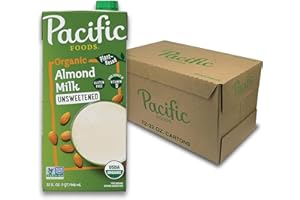 Pacific Foods Organic Unsweetened Almond Milk, Plant Based Milk, 32 oz Carton (12 Pack)