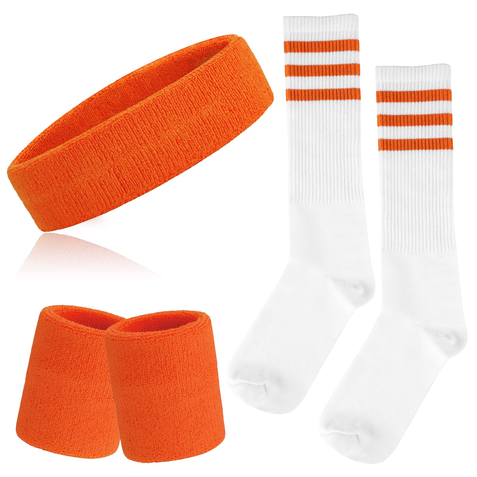 ONUPGO 5 Pieces Striped Sweatbands and Socks Set Sports Striped Headband Wristbands Sweatbands Striped High Sock for Men Women Sports and 80s Party (Orange, Striped Socks) — image 1